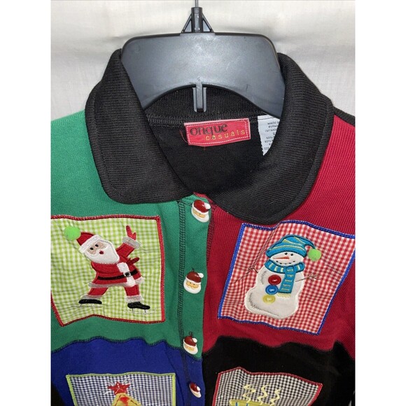 Onque Casuals Women’s Christmas Cardigan Sz Small Black Colorblock Santa Buttons - Picture 3 of 12